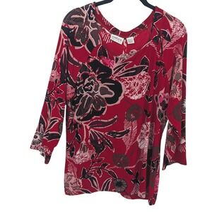 Chicos Travelers Floral Top Womens XL Red 3/4 Sleeve V Neck Vacation Casual
